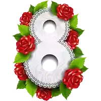 a white number 8 with red roses and green leaves around it