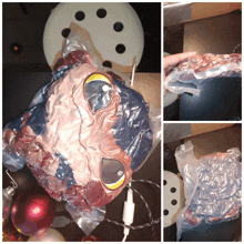 a collage of images shows a stuffed animal being vacuum sealed