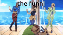 a group of anime characters are dancing on a wooden deck in front of the ocean .