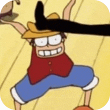 a cartoon character with a cowboy hat and glasses is being kicked by another character .