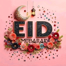 a pink background with flowers and the words eid mubarak