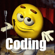 a cartoon smiley face is standing in front of a microphone with the word coding written below it