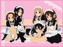 a group of anime girls wearing maid outfits on a pink background