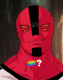 a red cartoon character with a rainbow flag and a question mark