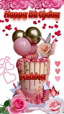 a happy birthday card for ashley with a pink cake