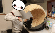 a panda bear is behind a person cooking rice