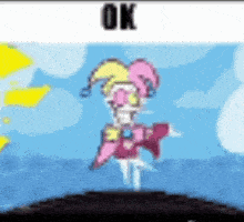 a cartoon character is flying through the air with the words `` ok '' written above her .