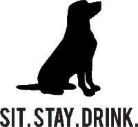 a silhouette of a dog with the words sit stay drink written below it