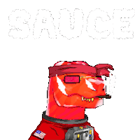 a pixel art of a dinosaur wearing sunglasses and a bandana with the word sauce above it