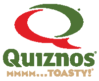 a green and red logo for quiznos which says mmmm toasty