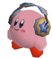 a pink kirby wearing headphones with a blue star on the back