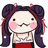 a cartoon character with purple hair and red ribbons