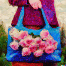 a colorful painting of a woman carrying a blue bag full of pink flowers