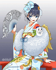 a drawing of a girl in a kimono holding a fan and a fur scarf