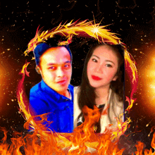 a man and a woman are surrounded by flames in a frame