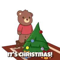 a cartoon of a teddy bear putting a star on top of a christmas tree with the words it 's christmas below it