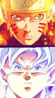 a close up of a naruto and dragon ball z character 's faces .