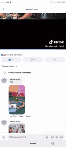 a screenshot of meriam 's post on tiktok shows the top comments