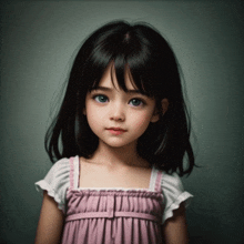 a little girl with dark hair and blue eyes is wearing a pink dress