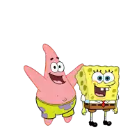 spongebob and patrick are standing next to each other and smiling