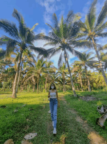 a woman wearing a mask walks down a dirt path in a field of palm trees