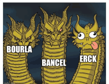 a cartoon of three dragons with the words bourla bancel and erck