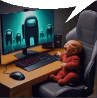 a baby is crying in front of a computer monitor .