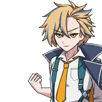 a boy with yellow and blue hair wearing a tie and a backpack