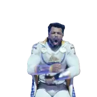 a man in a white costume with a pyramid on his chest