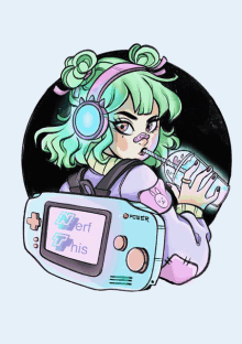 a drawing of a girl drinking from a bottle and holding a game console that says " nerf this "