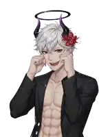 a man with horns and a flower in his hair has a halo around his head