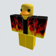 a yellow duck wearing a black shirt with red flames on the sleeves