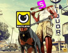 a man with a bat on his head is walking a dog with a battleye logo in the background