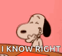 snoopy is sitting at a desk with his eyes closed and the words `` i know right '' above him .
