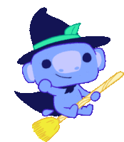 a blue cartoon character wearing a witch hat is flying on a broom