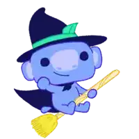 a blue cartoon character wearing a witch hat is flying on a broom