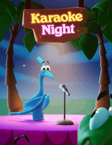 a blue dinosaur singing into a microphone under a sign that reads karaoke night