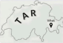 a drawing of a map with the words tar what and a pin