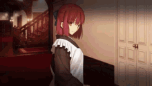 a girl with red hair is standing in a doorway