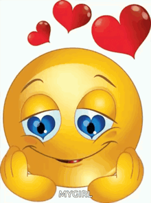 a smiley face with blue eyes and red hearts around it