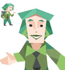 a cartoon of a man with a backpack and a green hat