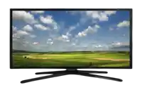 a flat screen tv displays a picture of a lush green field with clouds in the sky