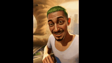a man with green hair and a white shirt is smiling in front of a tornado