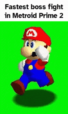 a cartoon of mario running on a green screen with the words `` fastest boss fight in metroid prime 2 '' .