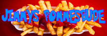 a tray of french fries with ketchup and the words jimmy 's tonneside