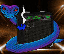 a blue and purple snake is smoking a pipe next to a volume amplifier