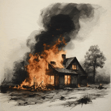 a painting of a house on fire with smoke coming out of it