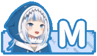 a picture of a girl with a shark hood and the letter m behind her