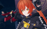 a girl with red hair and yellow eyes holds a red gun