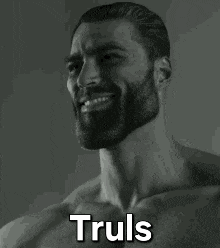 a shirtless man with a beard is smiling in a black and white photo with the words truls .